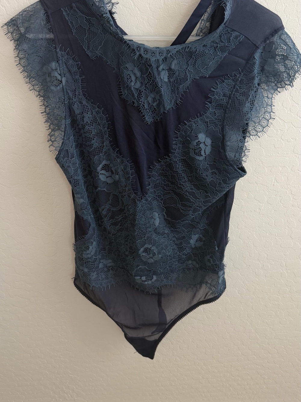 Anthropologie Teal Lace-Overlay Cap Sleeve Bodysuit